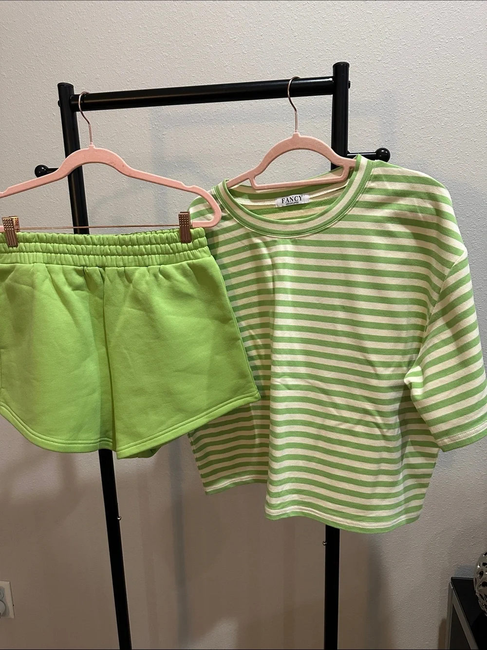 FANCY Lime Green Striped Women’s Set - Short Sleeve & Shorts - Picture 1 of 5